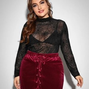 Mock Neck Spiderweb Mesh Top